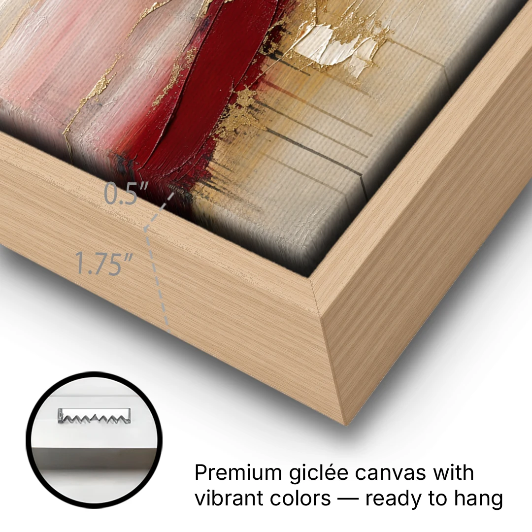 Crimson Ridge with Gold Seams in Ivory Haze - Oak Framed Canvas Wall Art - Gallery Wrap Corner