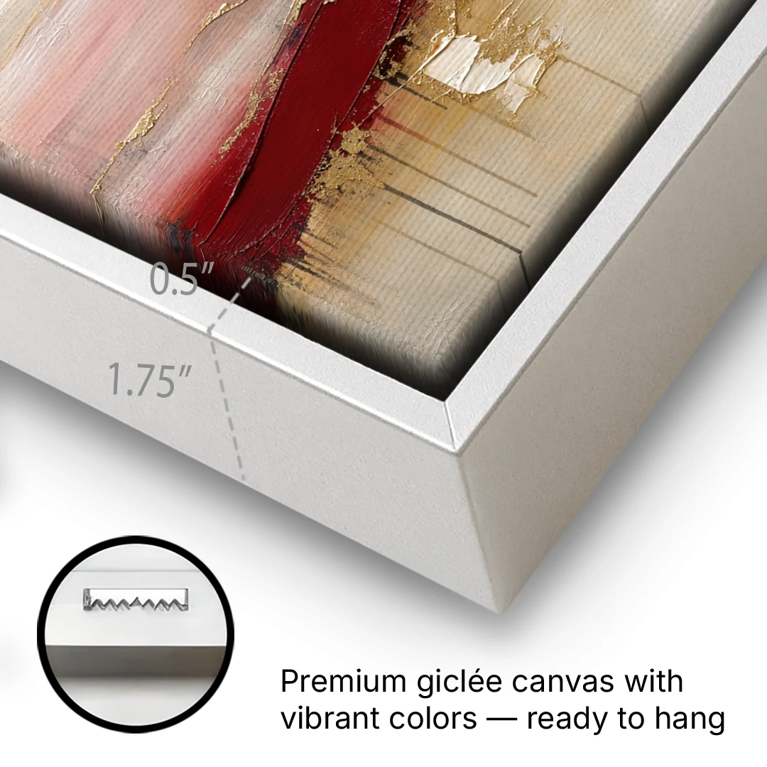 Crimson Ridge with Gold Seams in Ivory Haze - White Framed Canvas Wall Art - Gallery Wrap Corner
