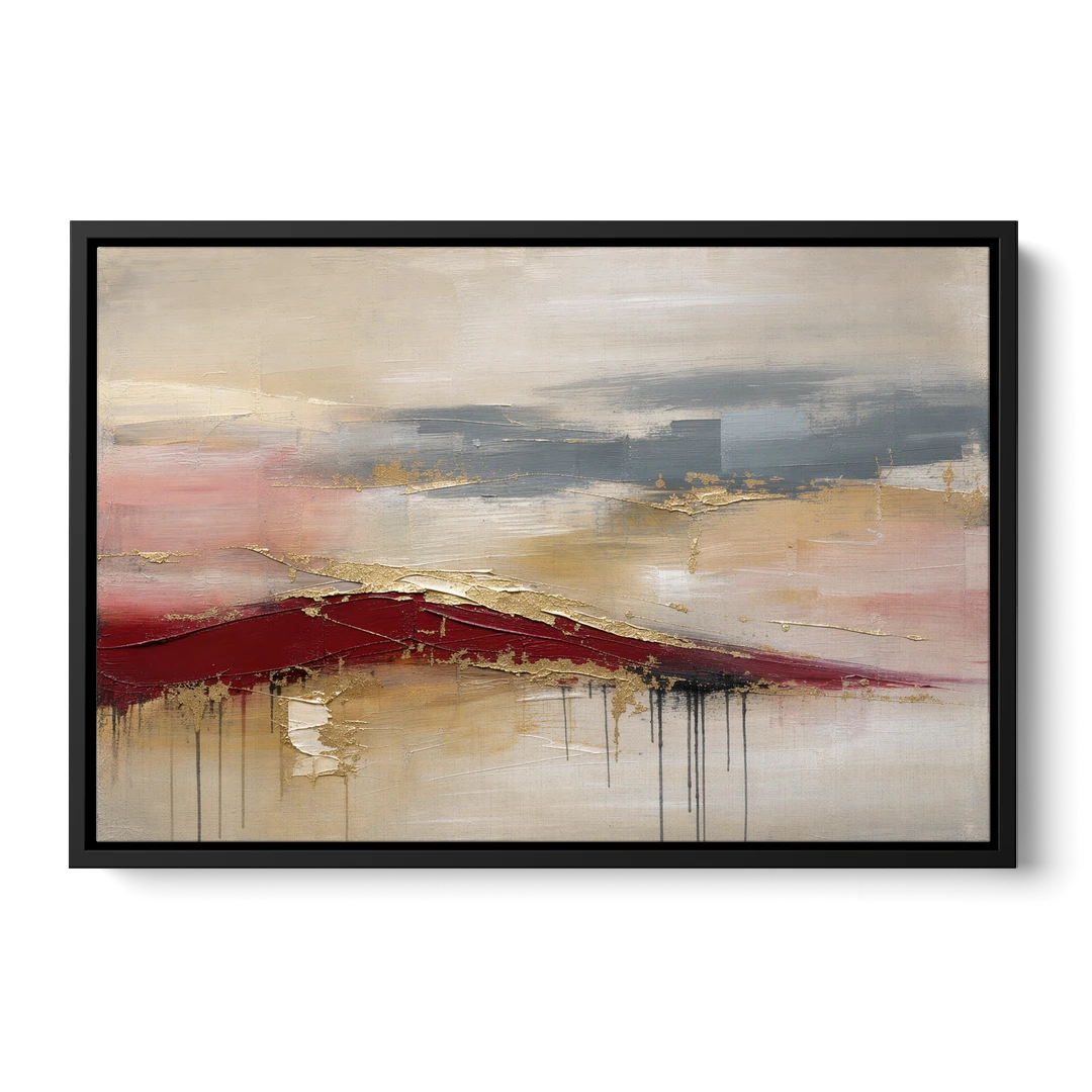 Crimson Ridge with Gold Seams in Ivory Haze - Black Framed Canvas Wall Art - Front