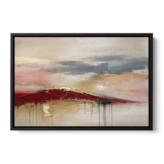 Crimson Ridge with Gold Seams in Ivory Haze - Black Framed Canvas Wall Art - Front