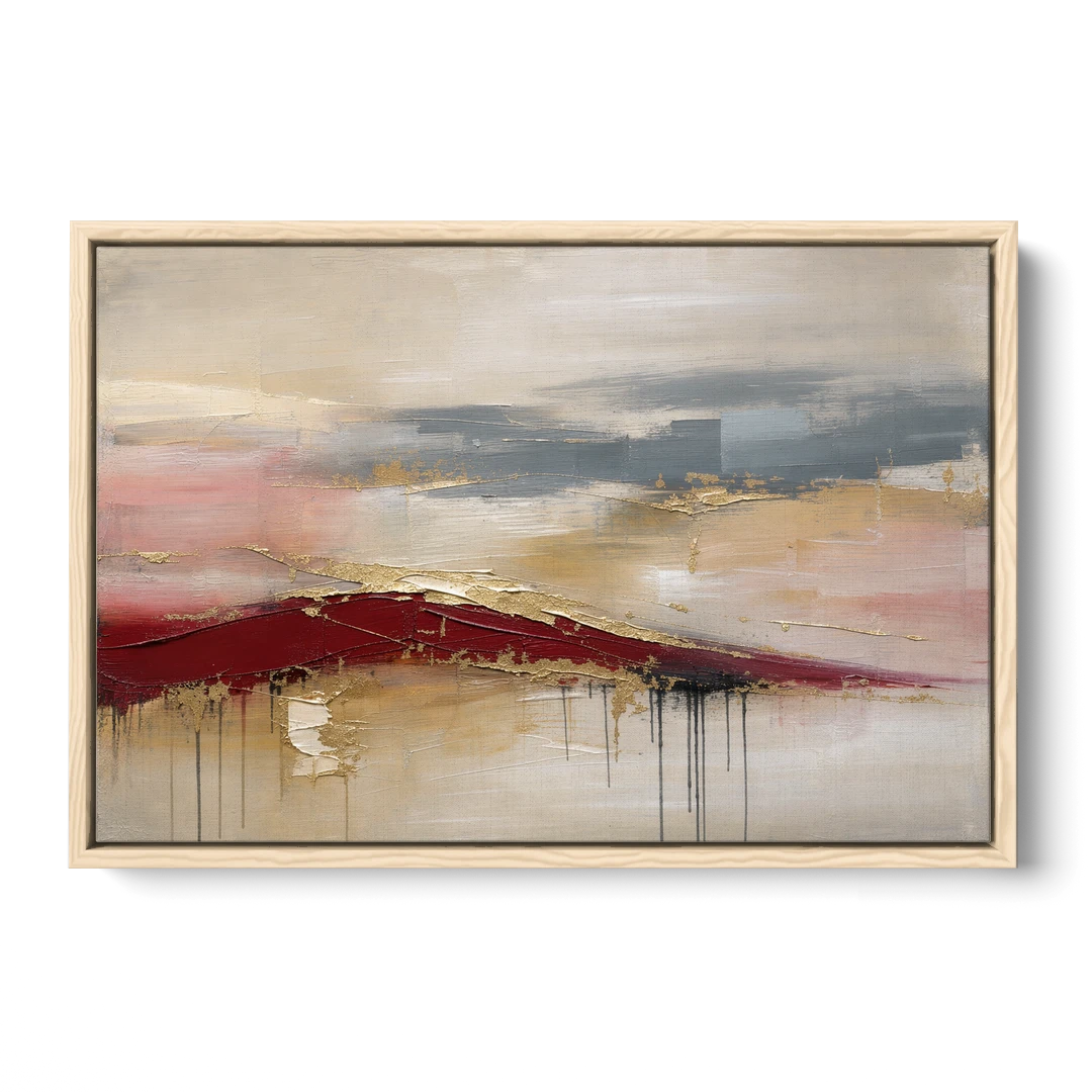 Crimson Ridge with Gold Seams in Ivory Haze - Oak Framed Canvas Wall Art - Front