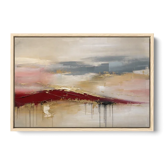 Crimson Ridge with Gold Seams in Ivory Haze - Oak Framed Canvas Wall Art - Front