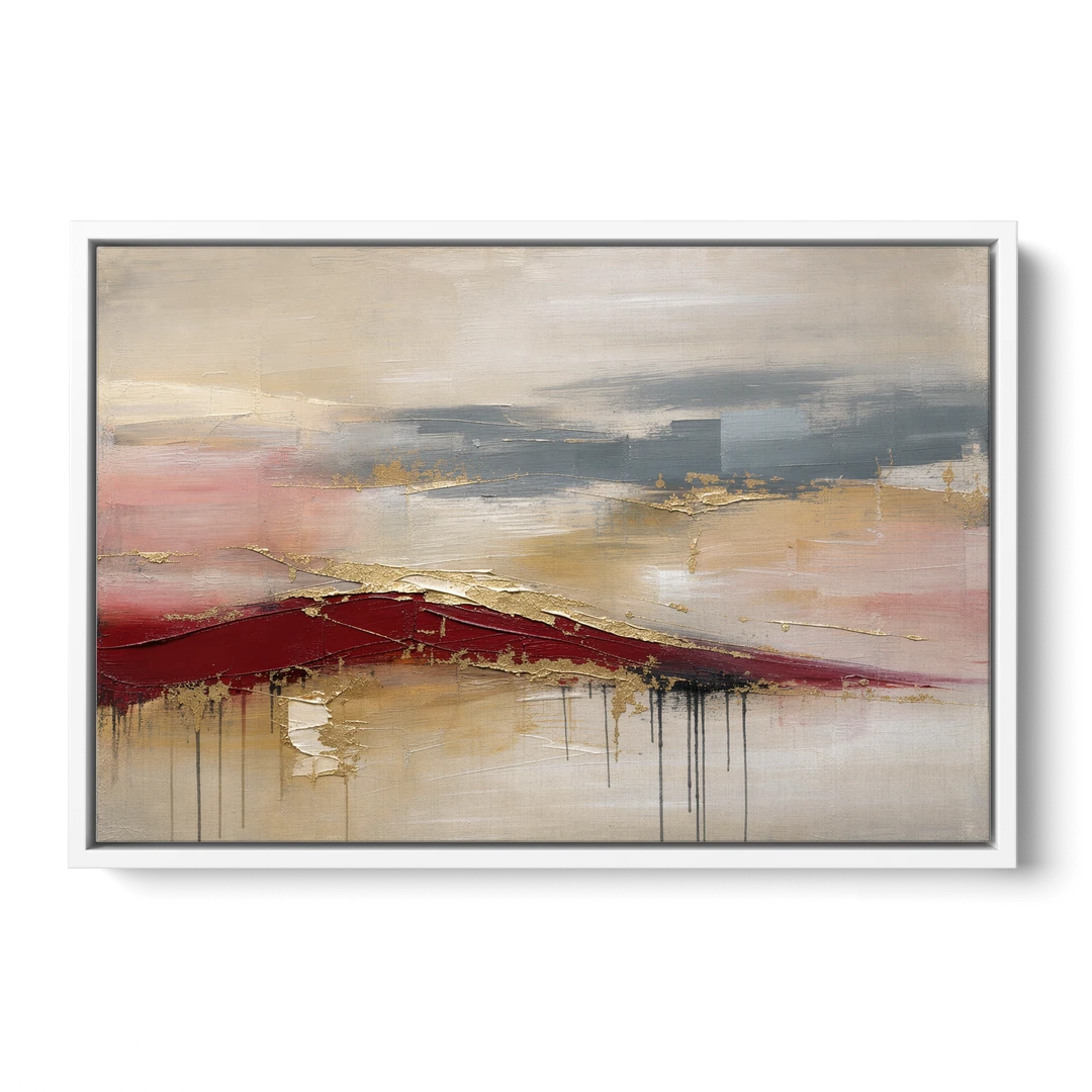 Crimson Ridge with Gold Seams in Ivory Haze - White Framed Canvas Wall Art - Front