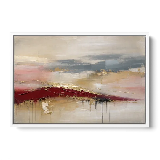Crimson Ridge with Gold Seams in Ivory Haze - White Framed Canvas Wall Art - Front