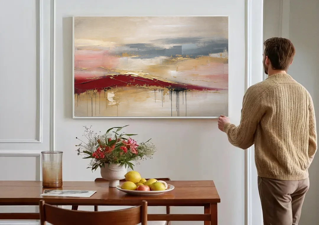 Crimson Ridge with Gold Seams in Ivory Haze canvas wall art above a dining table