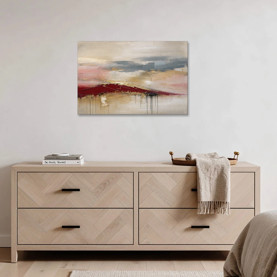 Crimson Ridge with Gold Seams in Ivory Haze - Canvas Wall Art - Coffee Table - 36x24