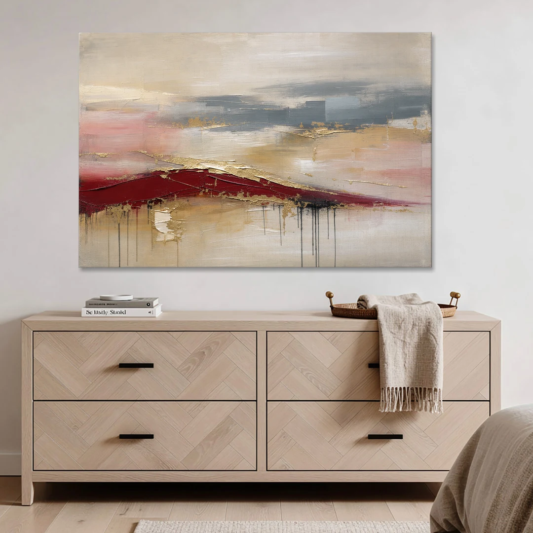 Crimson Ridge with Gold Seams in Ivory Haze - Canvas Wall Art - Coffee Table - 60x40