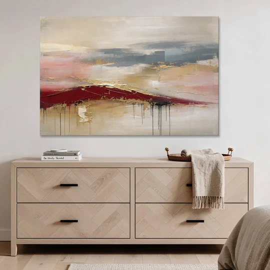 Crimson Ridge with Gold Seams in Ivory Haze - Canvas Wall Art - Coffee Table - 60x40