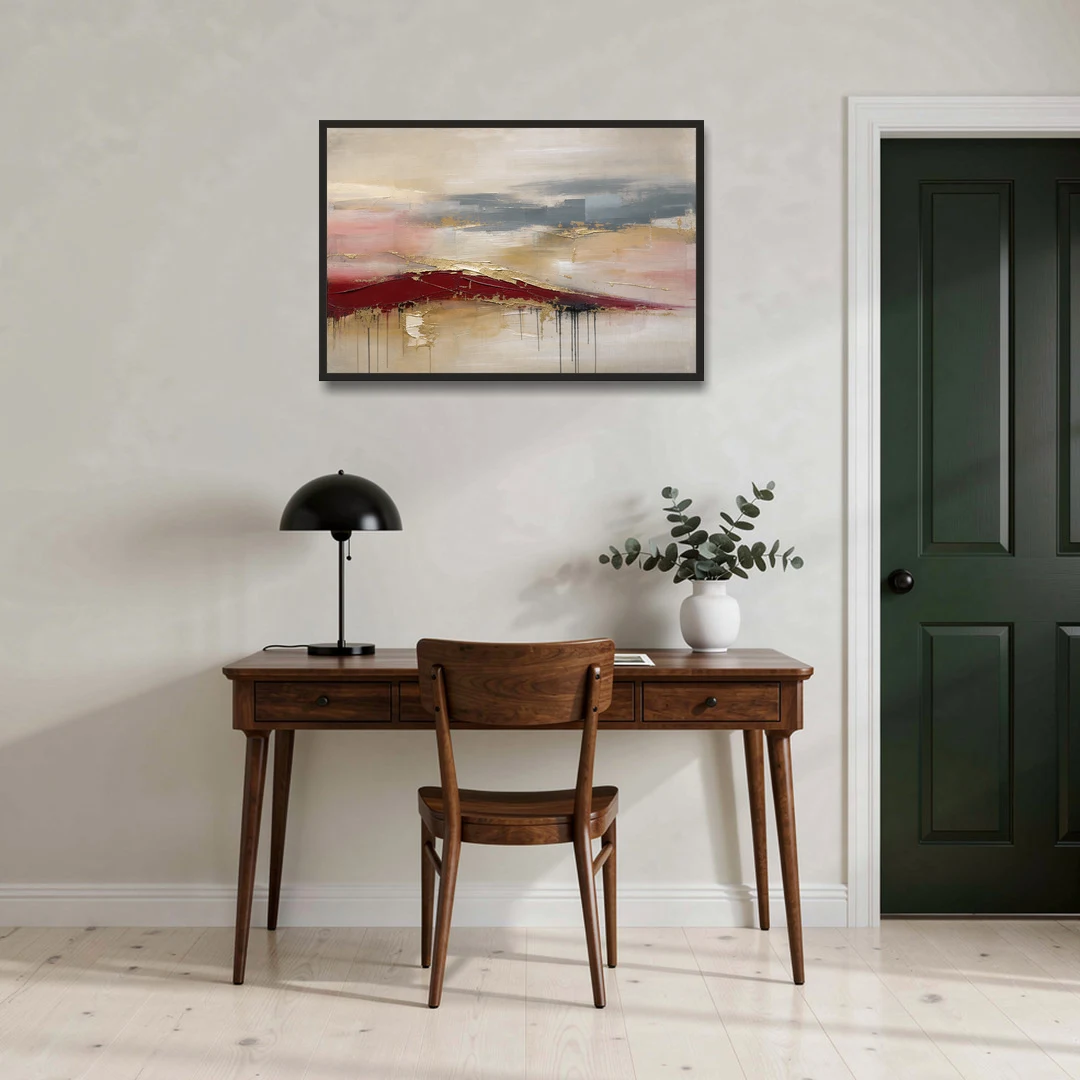 Crimson Ridge with Gold Seams in Ivory Haze - Black Framed Canvas Wall Art - Office - 36x24