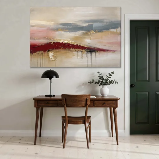 Crimson Ridge with Gold Seams in Ivory Haze - Canvas Wall Art - Office - 60x40