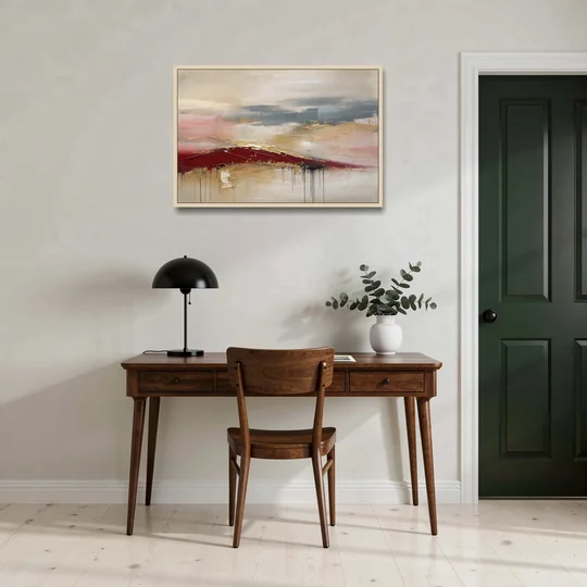 Crimson Ridge with Gold Seams in Ivory Haze - Oak Framed Canvas Wall Art - Office - 36x24