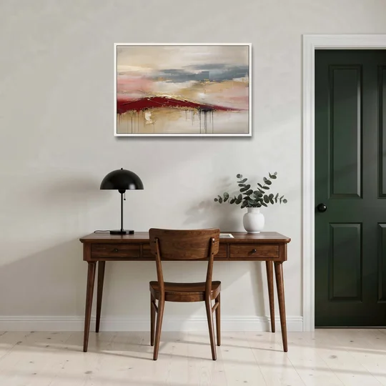 Crimson Ridge with Gold Seams in Ivory Haze - White Framed Canvas Wall Art - Office - 36x24