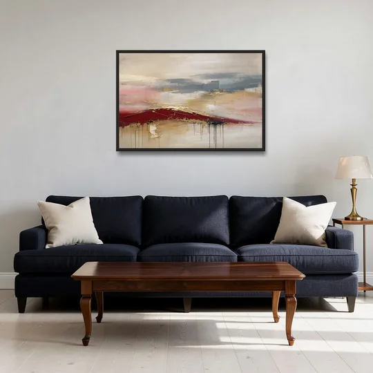 Crimson Ridge with Gold Seams in Ivory Haze - Black Framed Canvas Wall Art - Sofa - 36x24