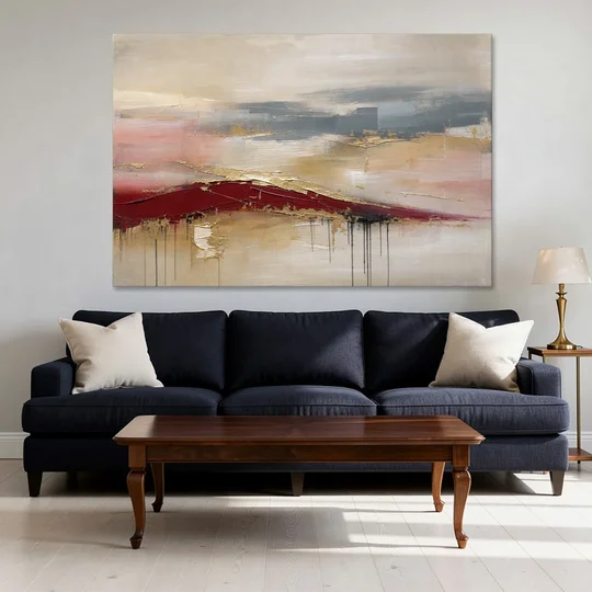 Crimson Ridge with Gold Seams in Ivory Haze - Canvas Wall Art - Sofa - 60x40