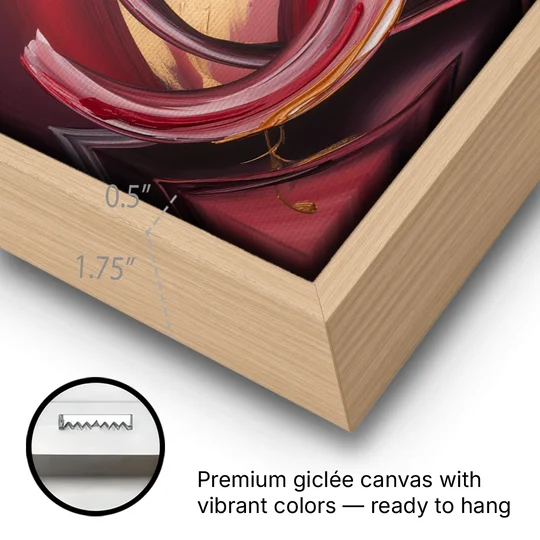 Crimson Whirlwind Red Abstract - Oak Framed Canvas Wall Art - Gallery Wrap Corner