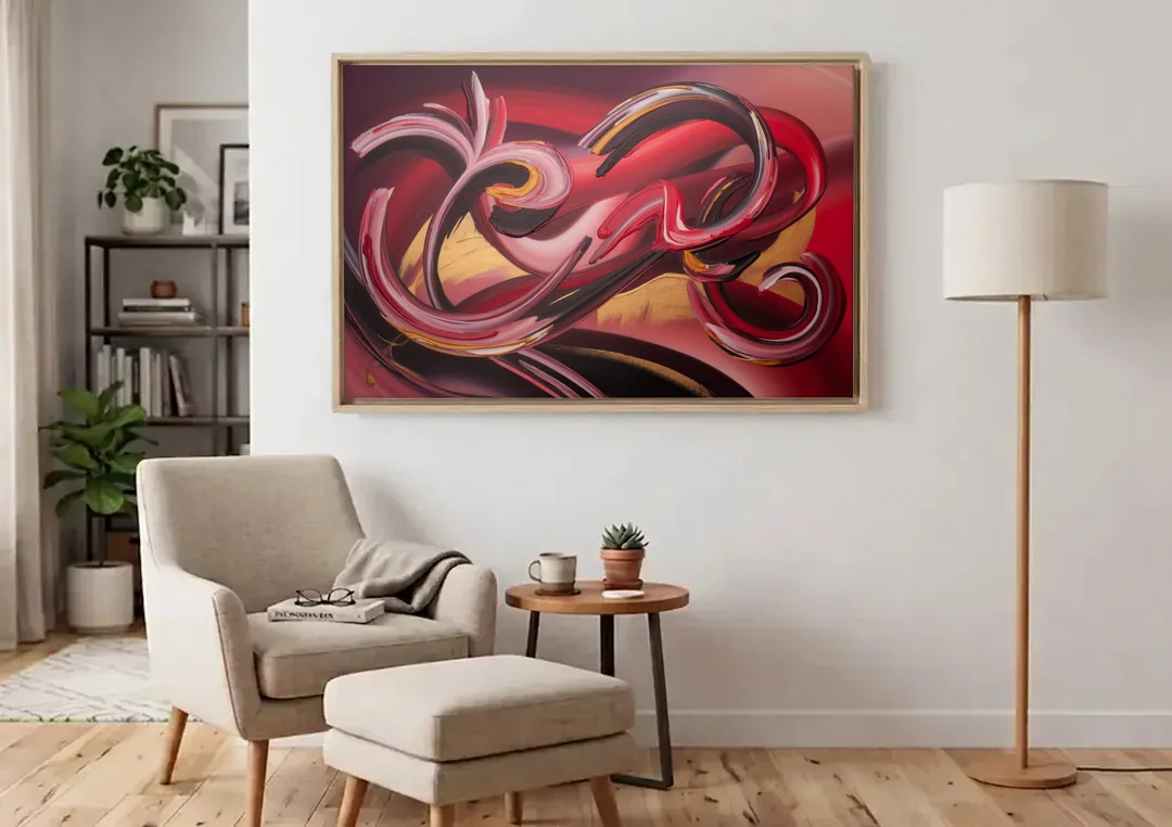 Crimson Whirlwind Red Abstract canvas wall art above an armchair in a bright living room