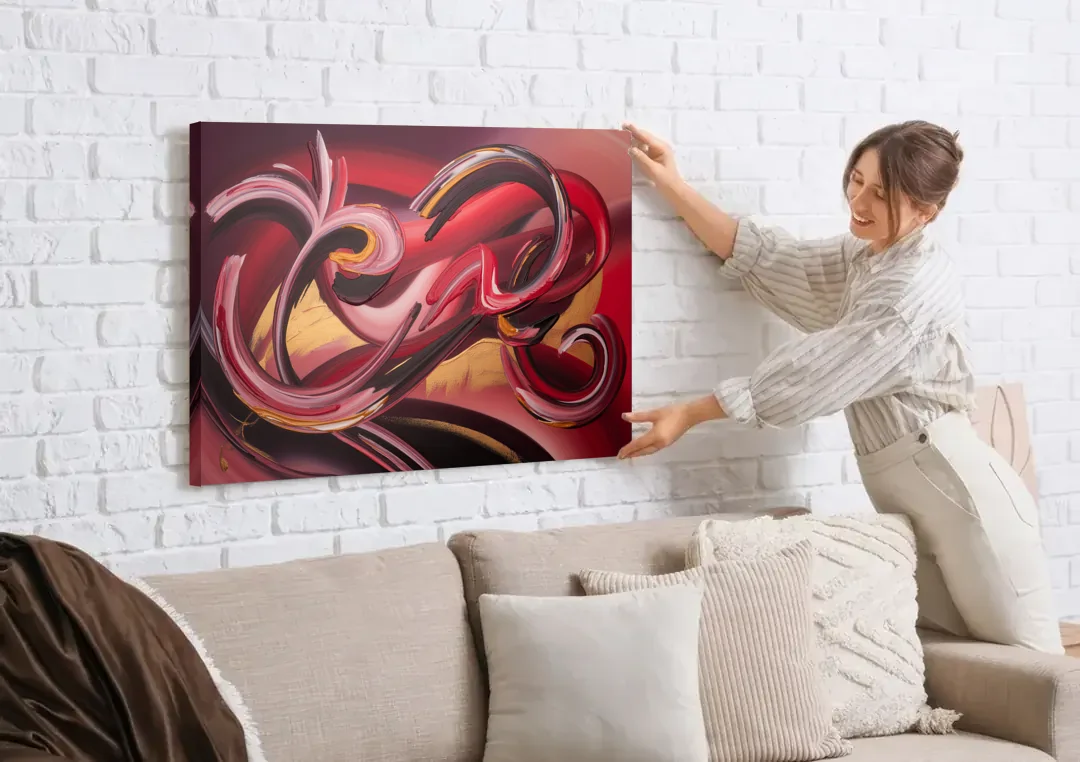 Crimson Whirlwind Red Abstract canvas wall art being hung on a white brick wall above a sofa