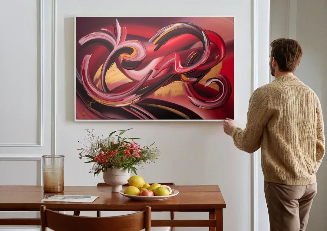 Crimson Whirlwind Red Abstract canvas wall art above a dining table