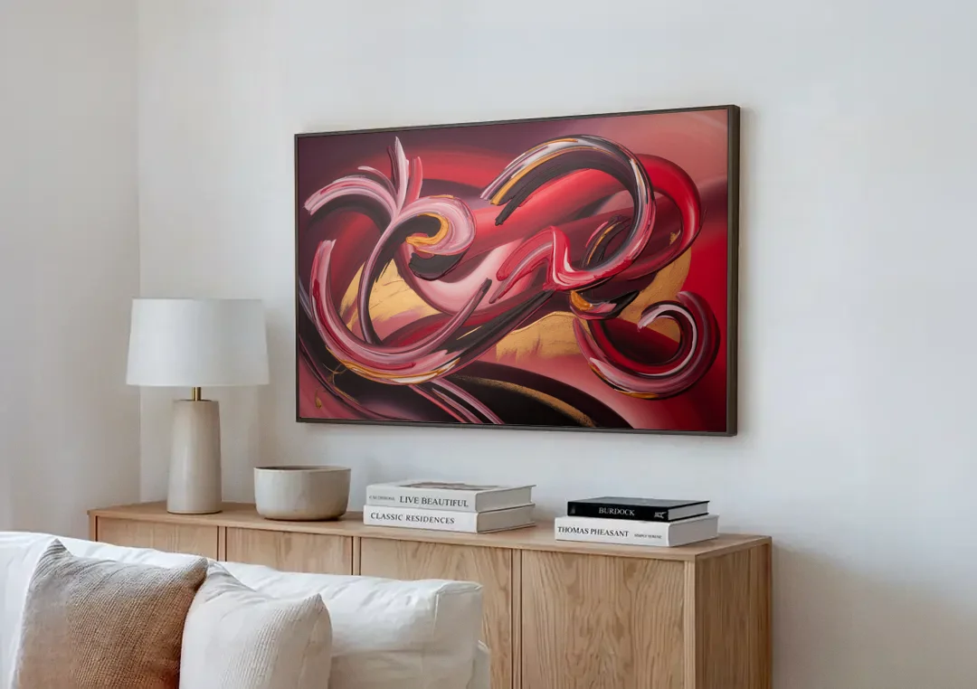 Crimson Whirlwind Red Abstract canvas wall art above a wooden sideboard next to a sofa
