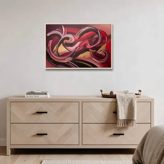 Crimson Whirlwind Red Abstract - Oak Framed Canvas Wall Art - Coffee Table - 36x24