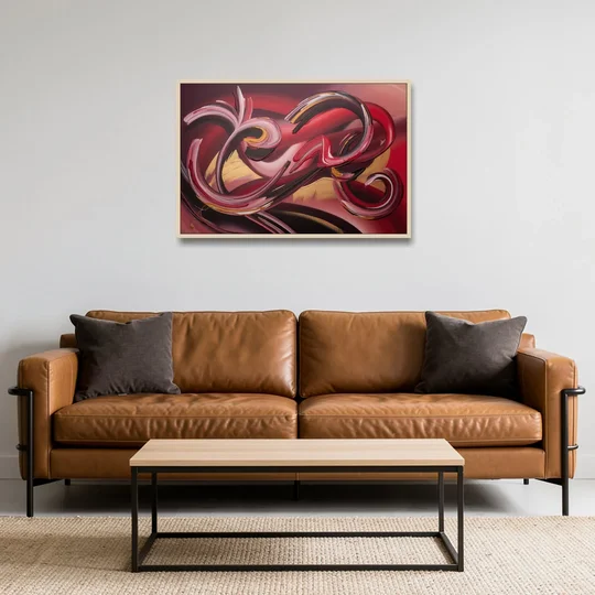 Crimson Whirlwind Red Abstract - Oak Framed Canvas Wall Art - Sofa - 36x24