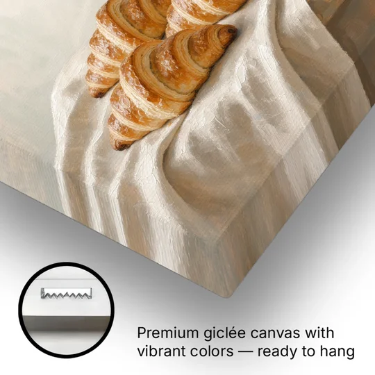 Croissant Painting with French Blue Coffee Cup - Canvas Wall Art - Gallery Wrap Corner