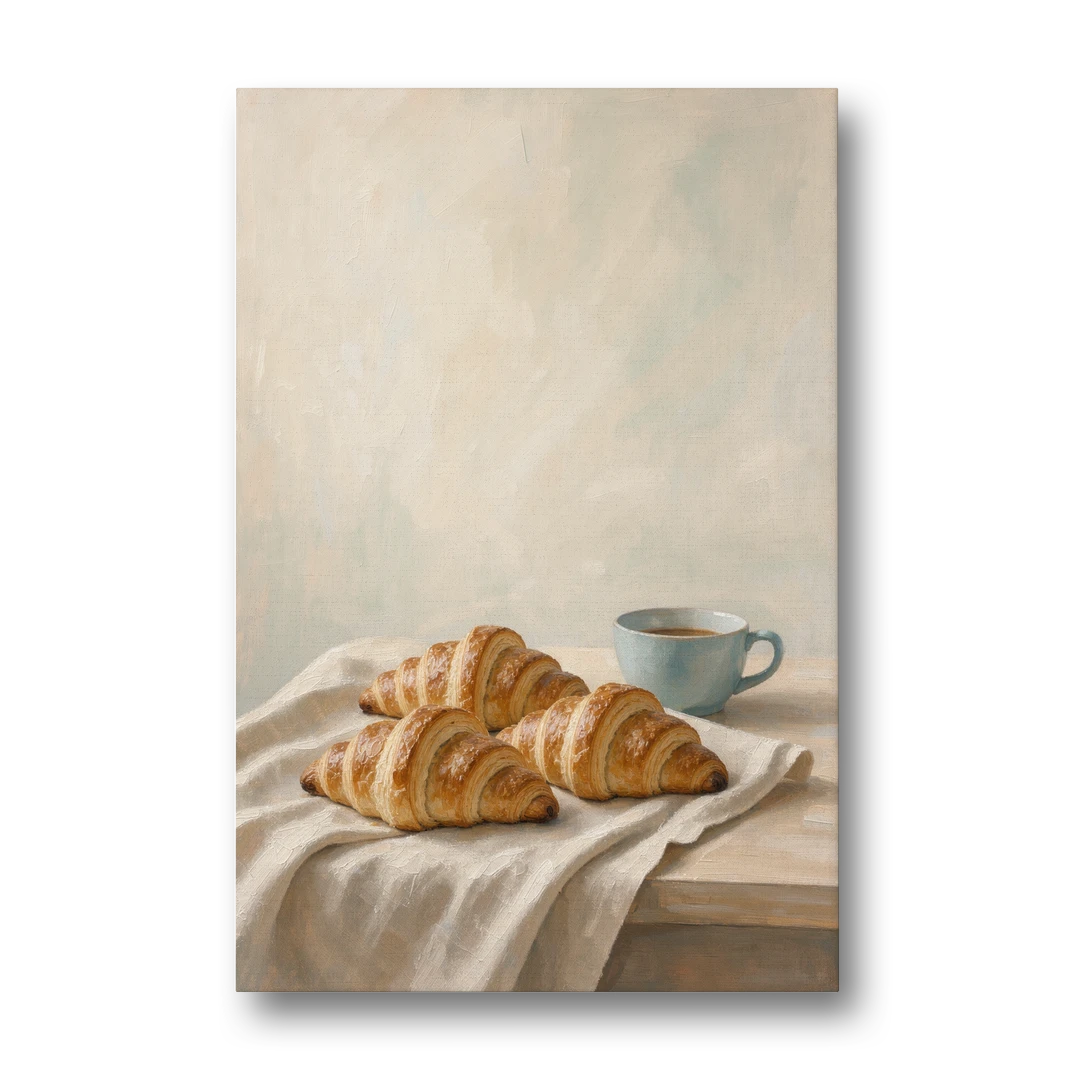 Croissant Painting with French Blue Coffee Cup - Canvas Wall Art - Front