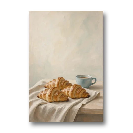 Croissant Painting with French Blue Coffee Cup - Canvas Wall Art - Front