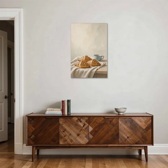 Croissant Painting with French Blue Coffee Cup - Canvas Wall Art - Coffee Table - 24x36