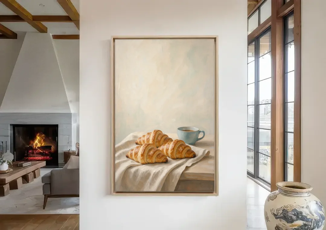 Croissant Painting with French Blue Coffee Cup canvas wall art in a living room with a fireplace