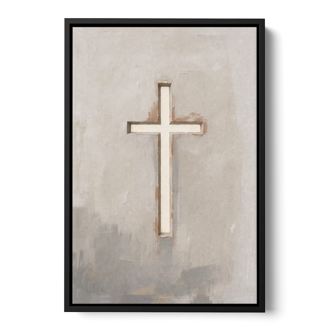 Cross Canvas Painting of Light Through Plaster - Black Framed Canvas Wall Art - Front