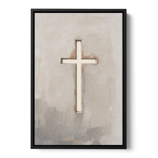 Cross Canvas Painting of Light Through Plaster - Black Framed Canvas Wall Art - Front