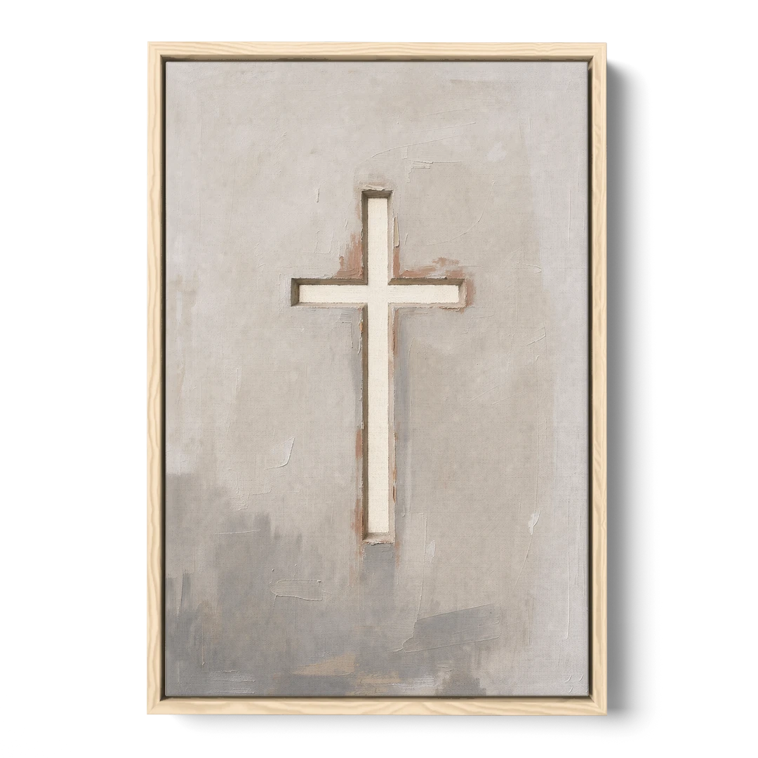 Cross Canvas Painting of Light Through Plaster - Oak Framed Canvas Wall Art - Front