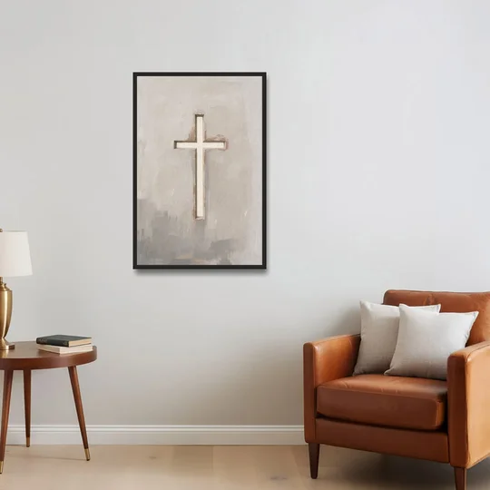 Cross Canvas Painting of Light Through Plaster - Black Framed Canvas Wall Art - Sofa - 24x36