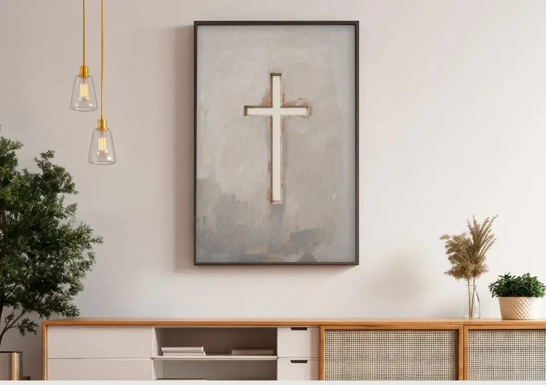 Cross Canvas Painting of Light Through Plaster canvas wall art above a wooden sideboard under pendant lights