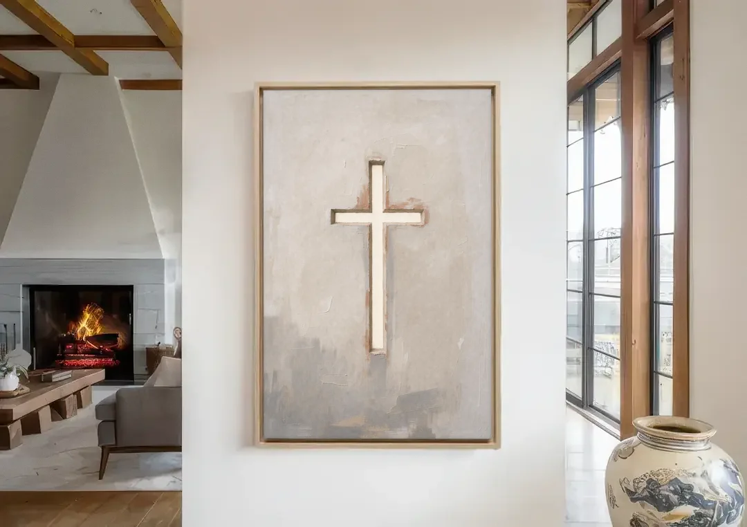 Cross Canvas Painting of Light Through Plaster canvas wall art in a living room with a fireplace