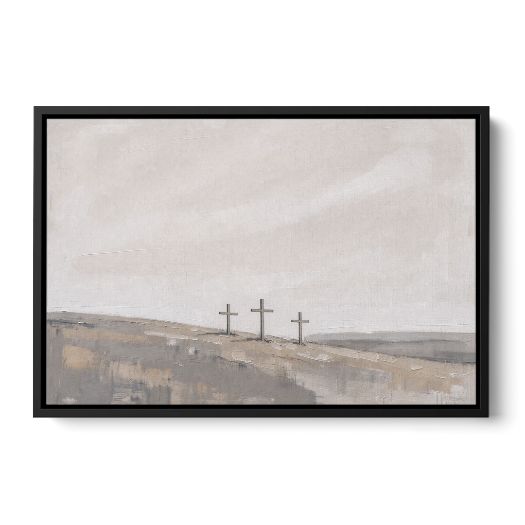 Cross Wall Art of Calvary Under a Quiet Sky - Black Framed Canvas Wall Art - Front