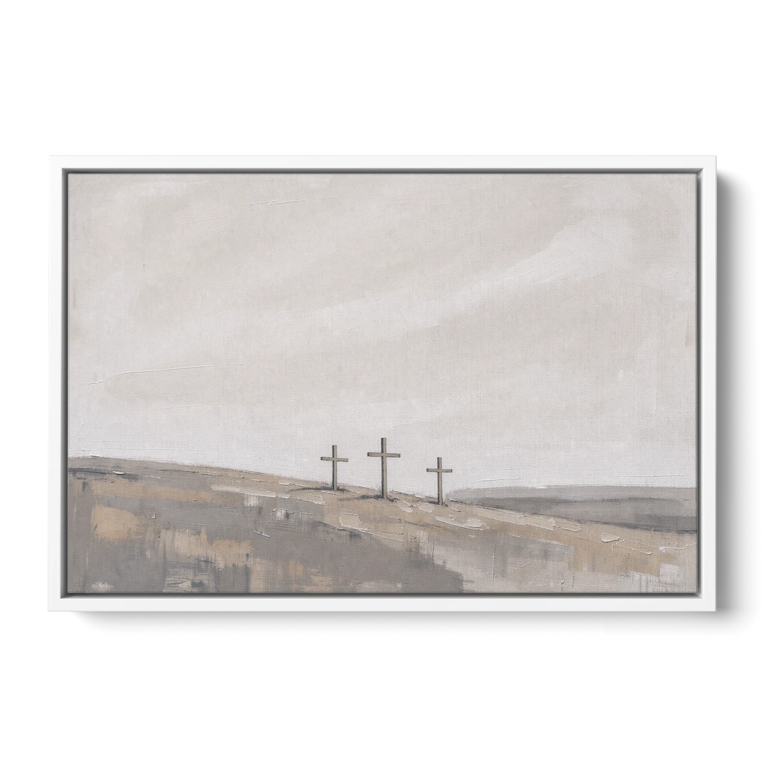 Cross Wall Art of Calvary Under a Quiet Sky - White Framed Canvas Wall Art - Front