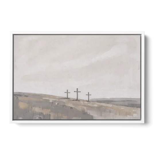 Cross Wall Art of Calvary Under a Quiet Sky - White Framed Canvas Wall Art - Front