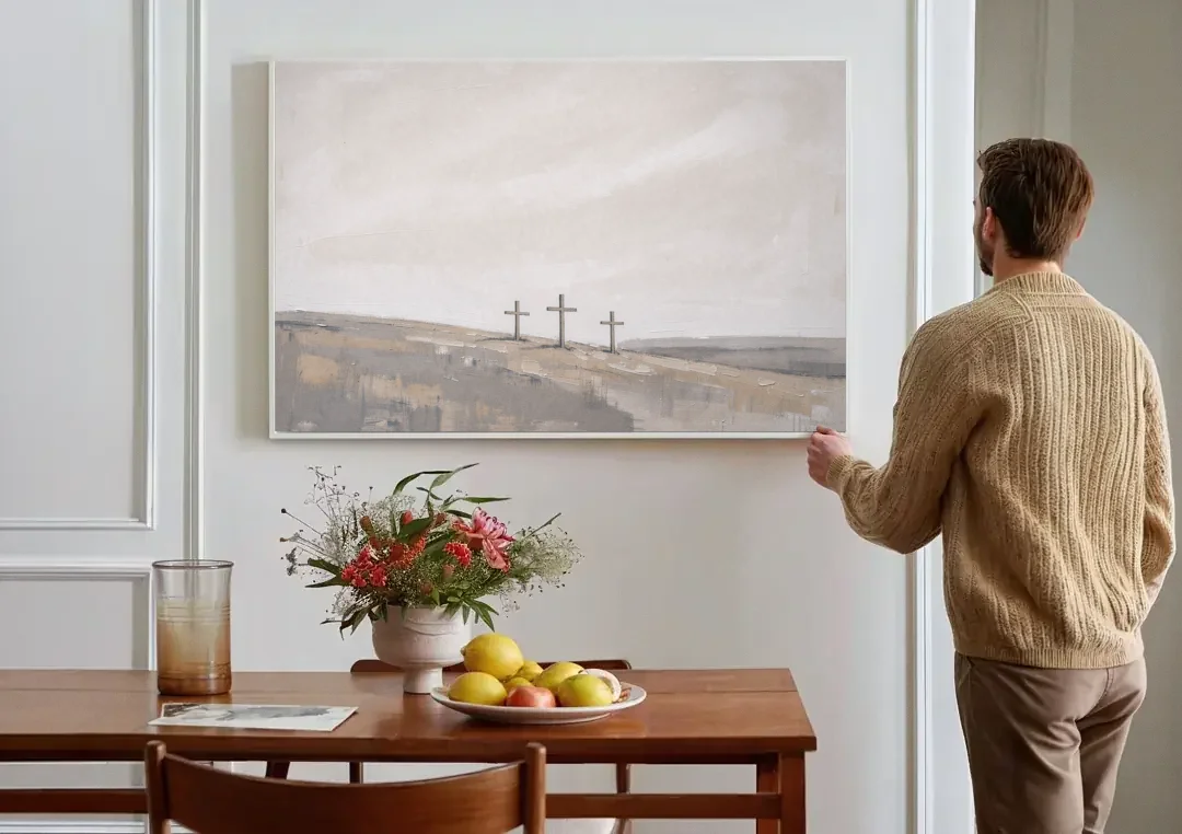 Cross Wall Art of Calvary Under a Quiet Sky canvas wall art above a dining table