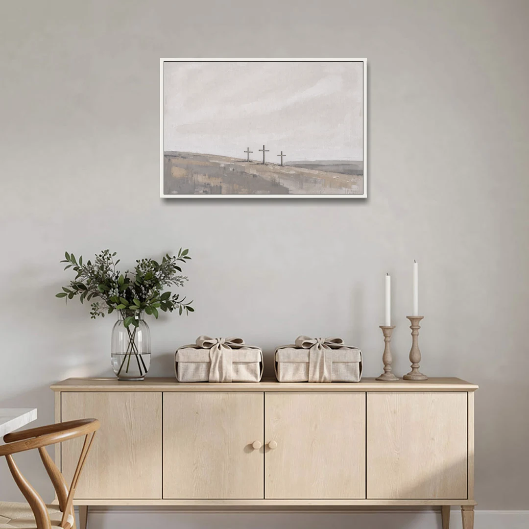 Cross Wall Art of Calvary Under a Quiet Sky - White Framed Canvas Wall Art - Coffee Table - 36x24