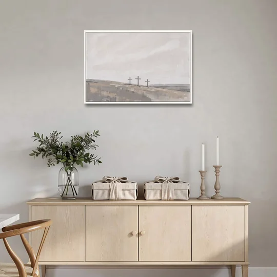 Cross Wall Art of Calvary Under a Quiet Sky - White Framed Canvas Wall Art - Coffee Table - 36x24