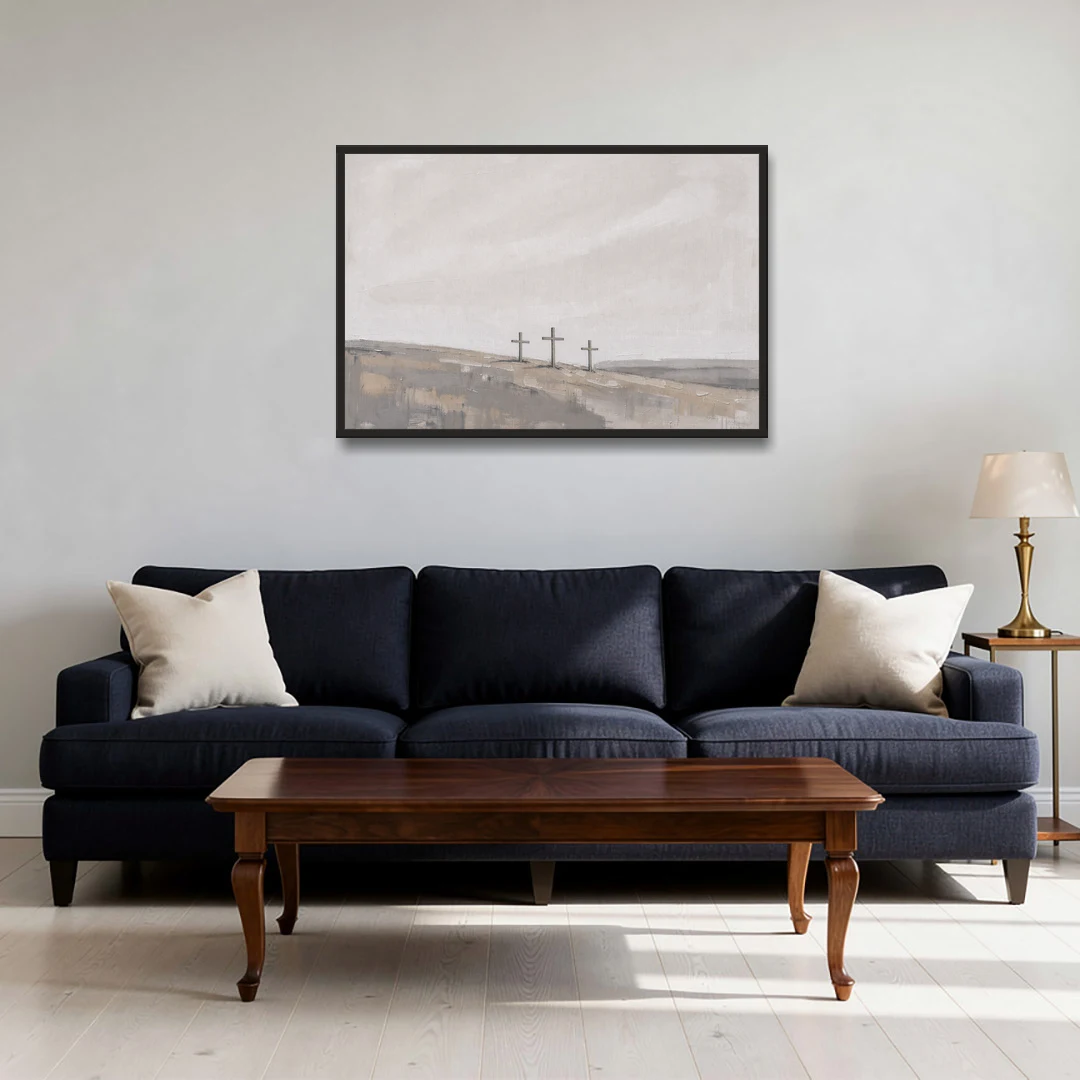 Cross Wall Art of Calvary Under a Quiet Sky - Black Framed Canvas Wall Art - Sofa - 36x24