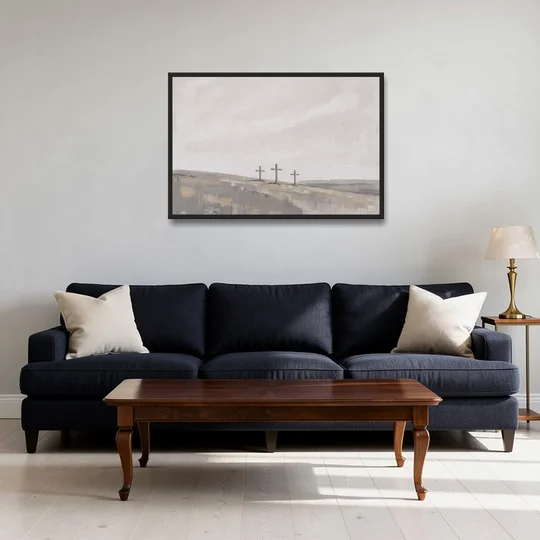 Cross Wall Art of Calvary Under a Quiet Sky - Black Framed Canvas Wall Art - Sofa - 36x24