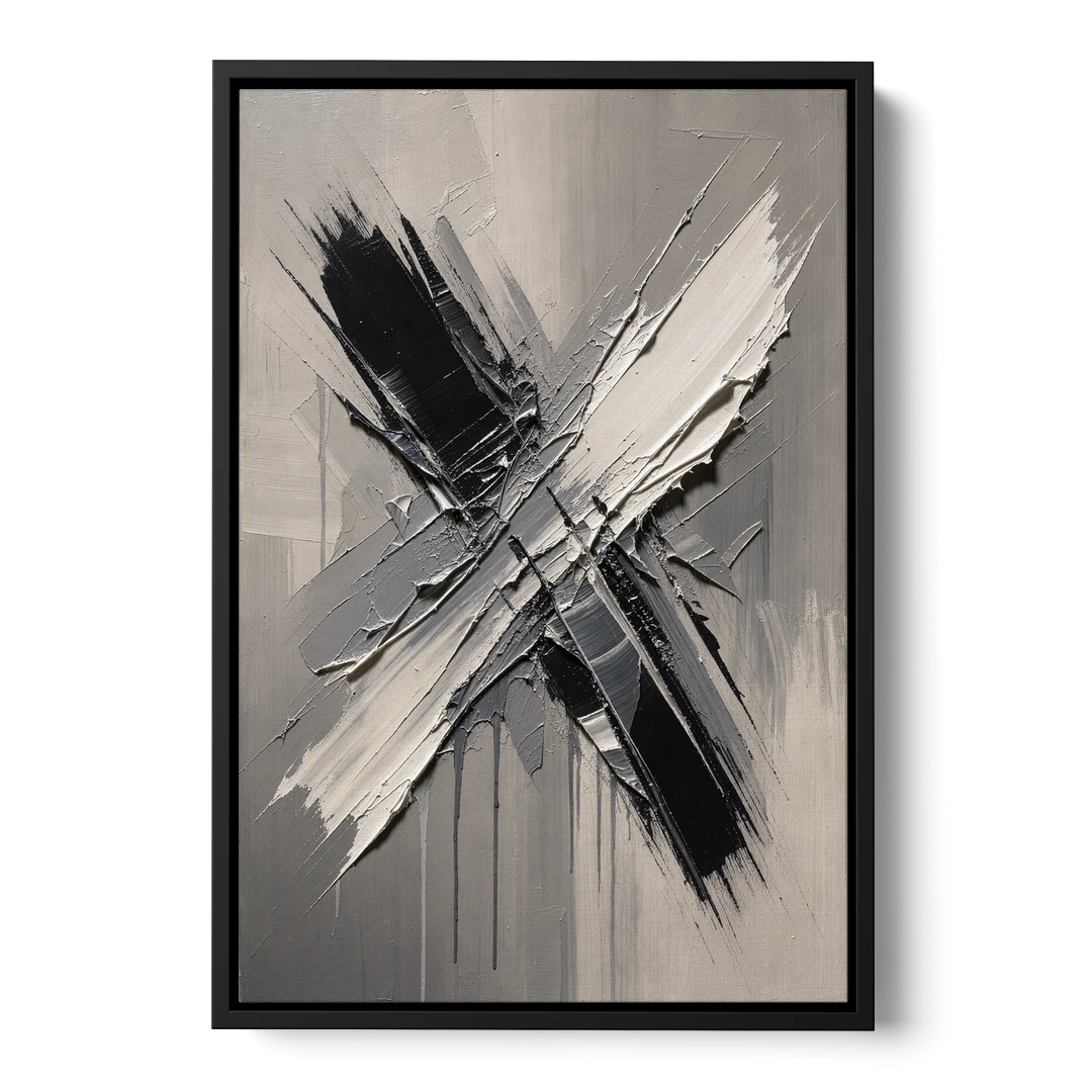 Crossed Black and White Knife Strokes for the Executive Office - Black Framed Canvas Wall Art - Front