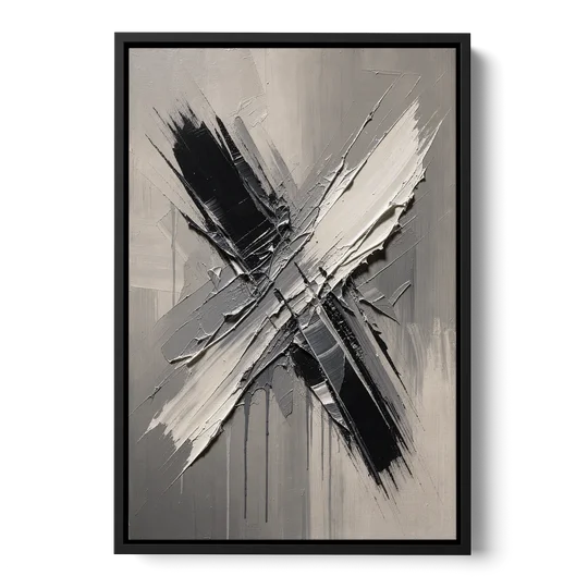 Crossed Black and White Knife Strokes for the Executive Office - Black Framed Canvas Wall Art - Front