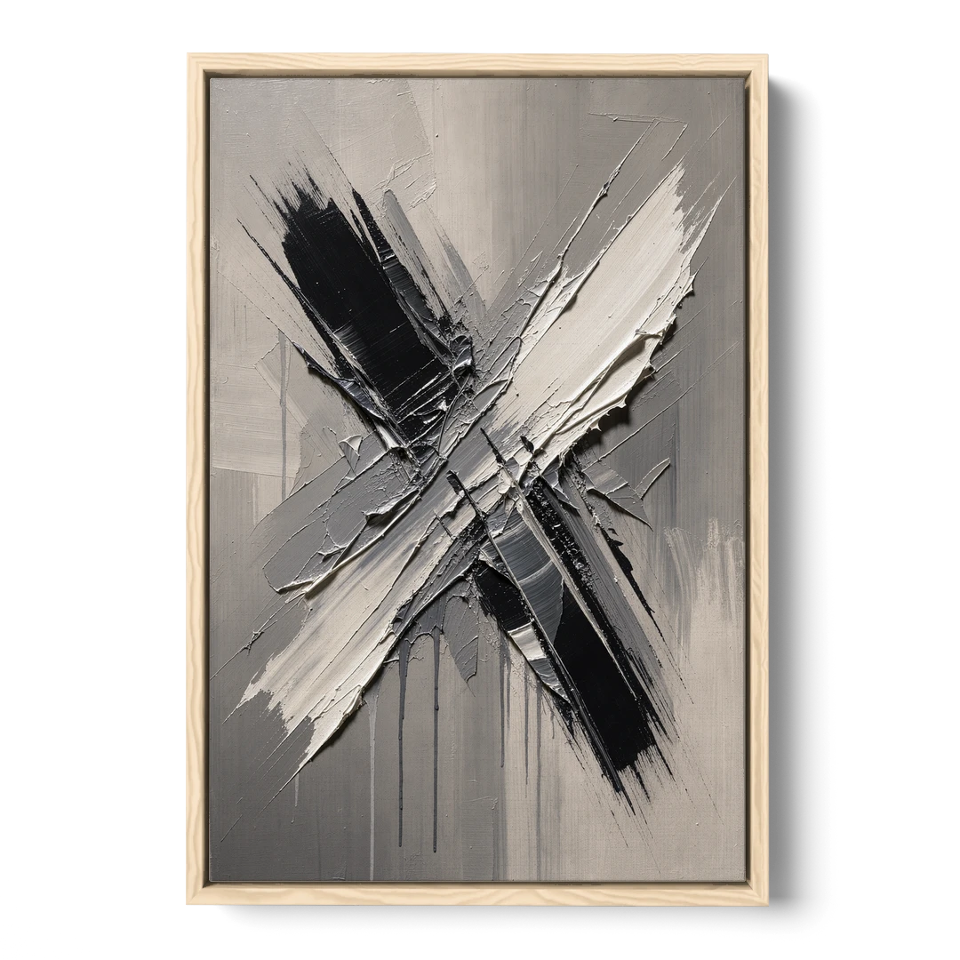 Crossed Black and White Knife Strokes for the Executive Office - Oak Framed Canvas Wall Art - Front