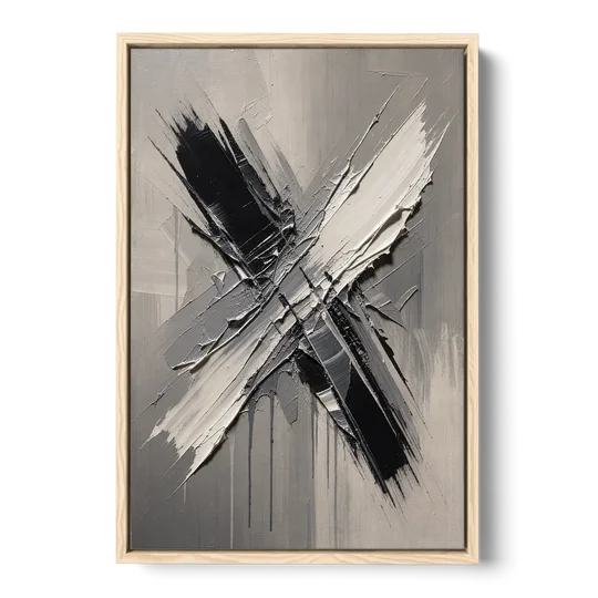 Crossed Black and White Knife Strokes for the Executive Office - Oak Framed Canvas Wall Art - Front