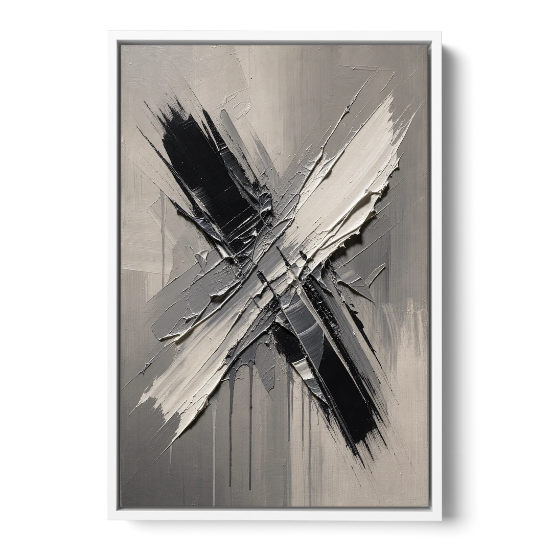 Crossed Black and White Knife Strokes for the Executive Office - White Framed Canvas Wall Art - Front