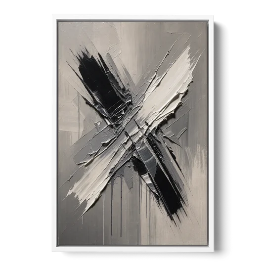 Crossed Black and White Knife Strokes for the Executive Office - White Framed Canvas Wall Art - Front